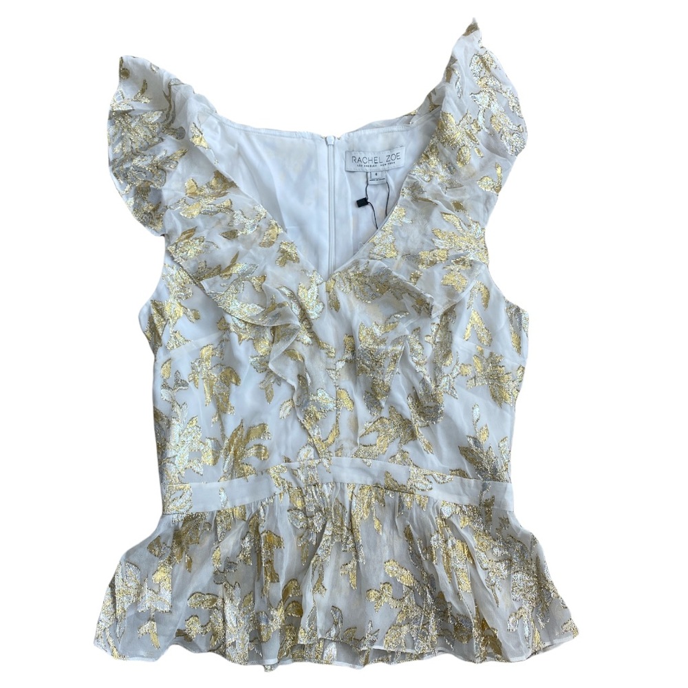 RACHEL ZOE gold foil shimmer ruffle v-neck blouse top size 4. Like new.